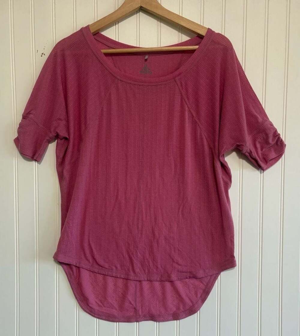 prAna Mika Ruched Sleeve High-Low Top Pink Size S